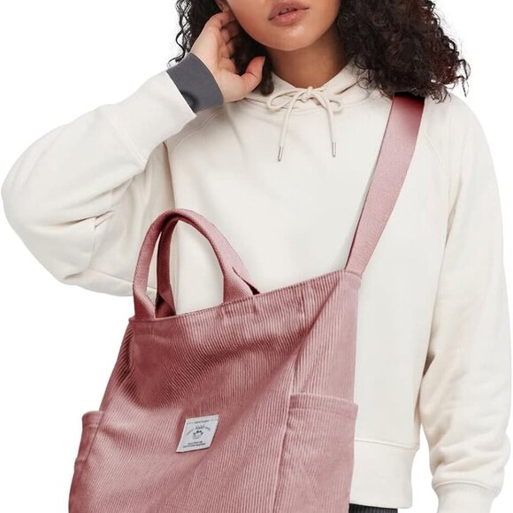 Corduroy Tote Bag, Large Messenger Bag Shoulder Hobo Anti Splash Crossbody Zippe - Picture 2 of 9